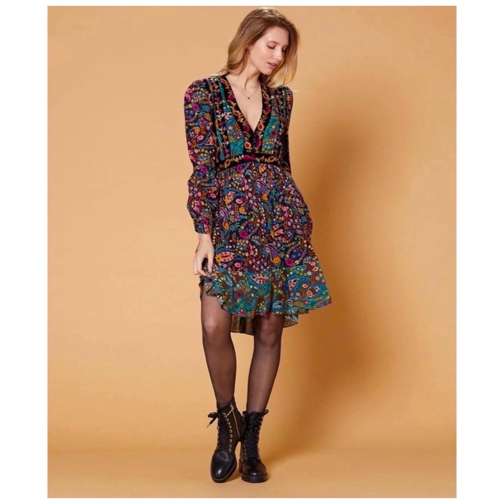 Derhy Womens Floral Paisley Velvet Trim Embroidered V-Neck Mini Dress ‎ M